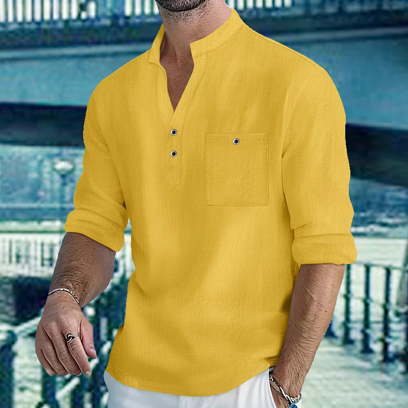 Camisa de algodón y lino de hombre con cuello mao y bolsillo