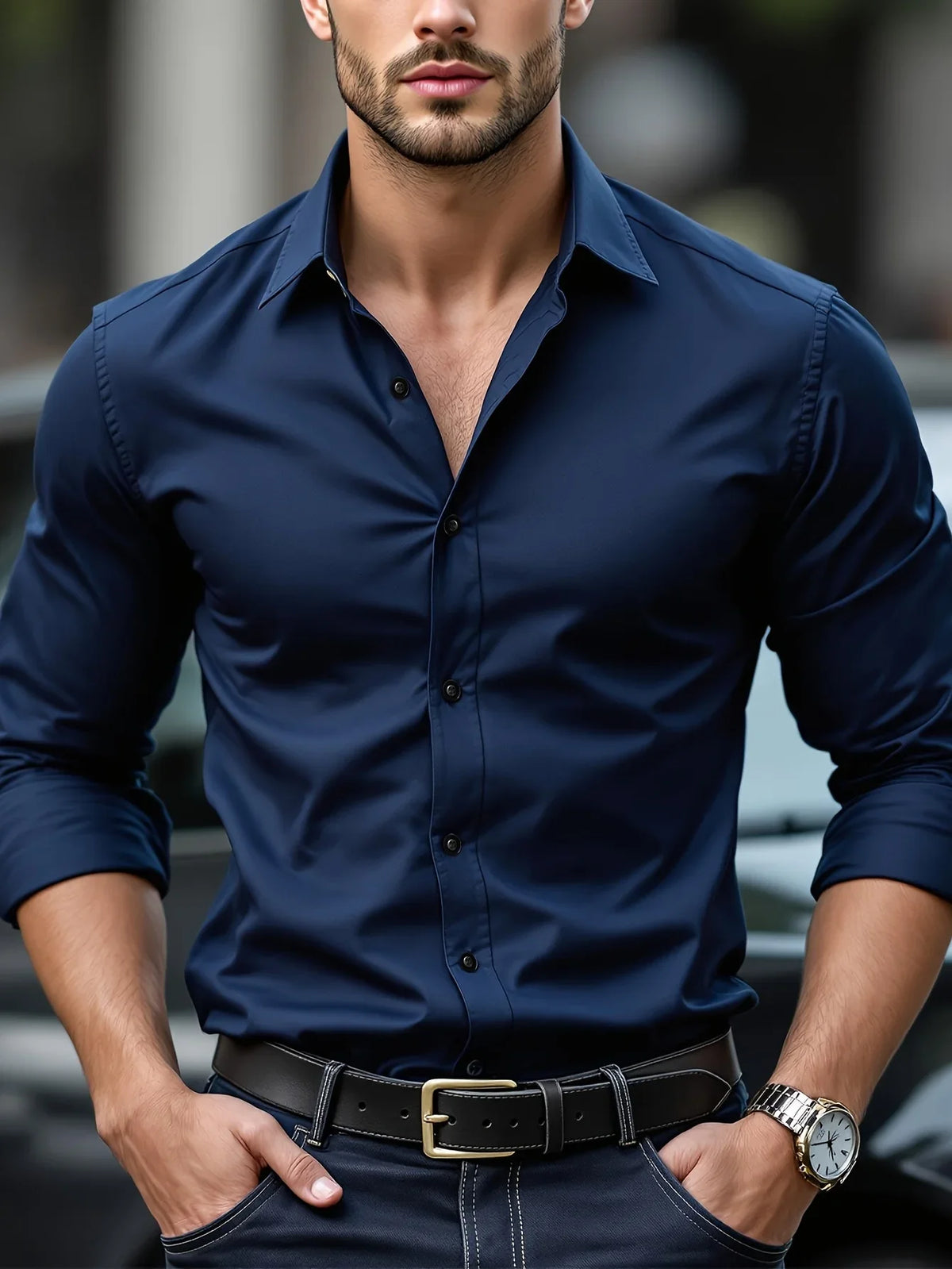 Camisa lisa de hombre de manga larga estilo informal