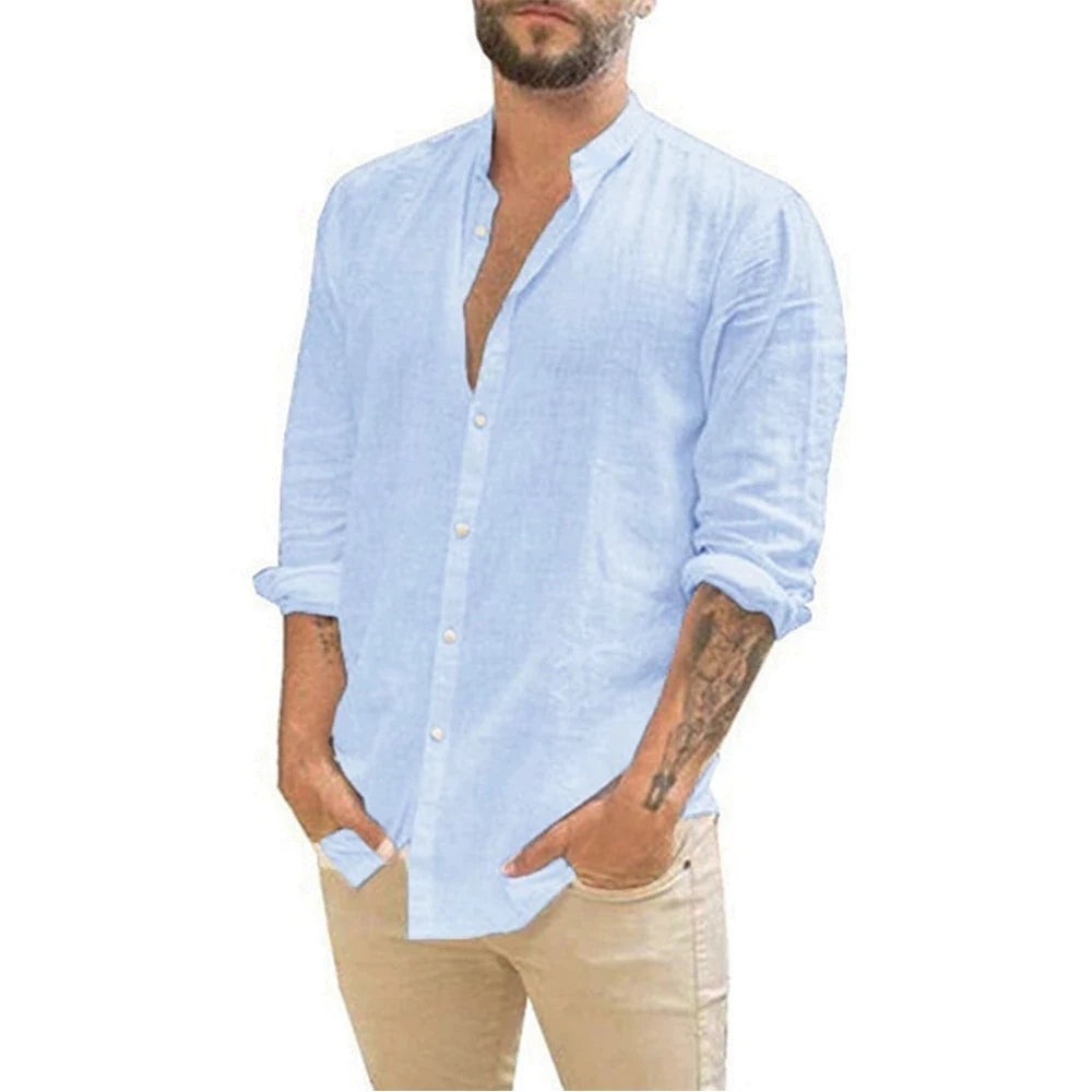 Camisa de algodón y lino de hombre con cuello mao