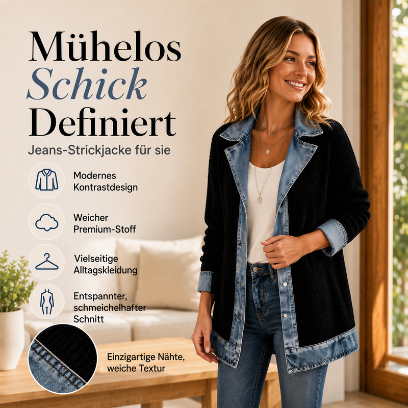 50% RABATT! ⭐ Eleganter Damenmantel aus Denim mit geripptem Strick-Einsatz