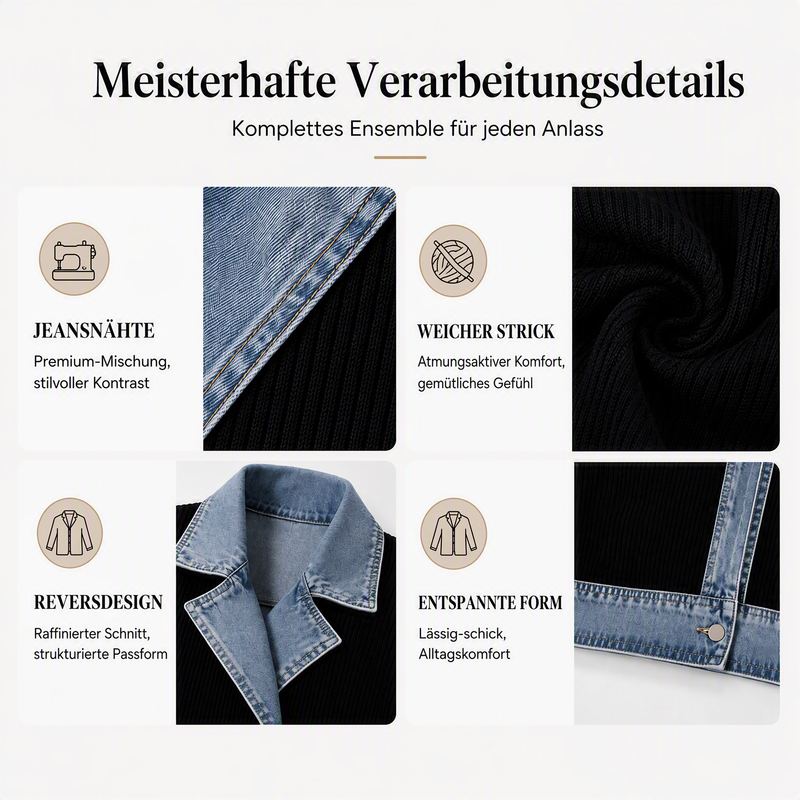 50% RABATT! ⭐ Eleganter Damenmantel aus Denim mit geripptem Strick-Einsatz