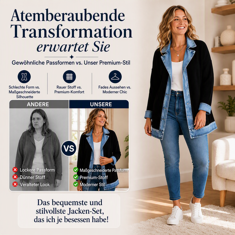 50% RABATT! ⭐ Eleganter Damenmantel aus Denim mit geripptem Strick-Einsatz