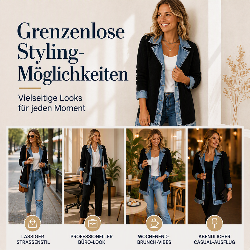50% RABATT! ⭐ Eleganter Damenmantel aus Denim mit geripptem Strick-Einsatz