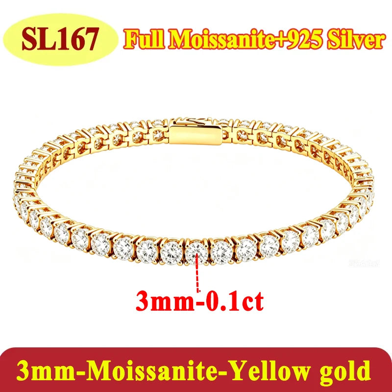 Pulsera Tenis de Moissanite para Parejas - Plata 925 Chapada en Oro, Certificado GRA