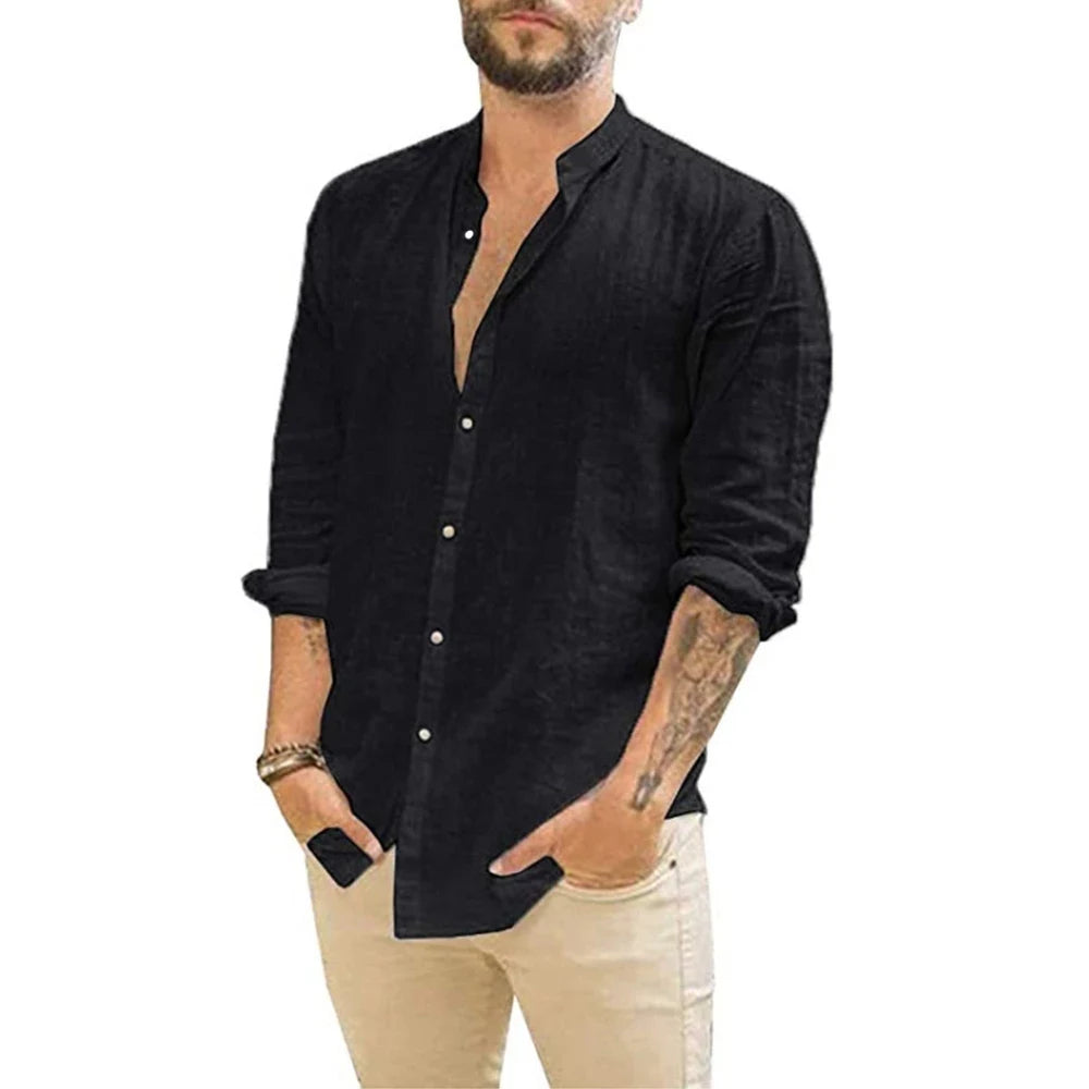 Camisa de algodón y lino de hombre con cuello mao