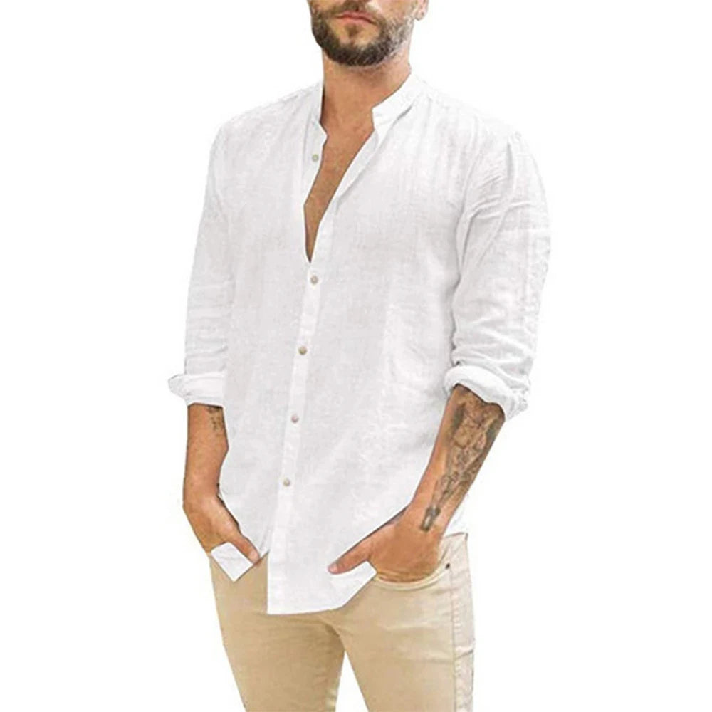Camisa de algodón y lino de hombre con cuello mao