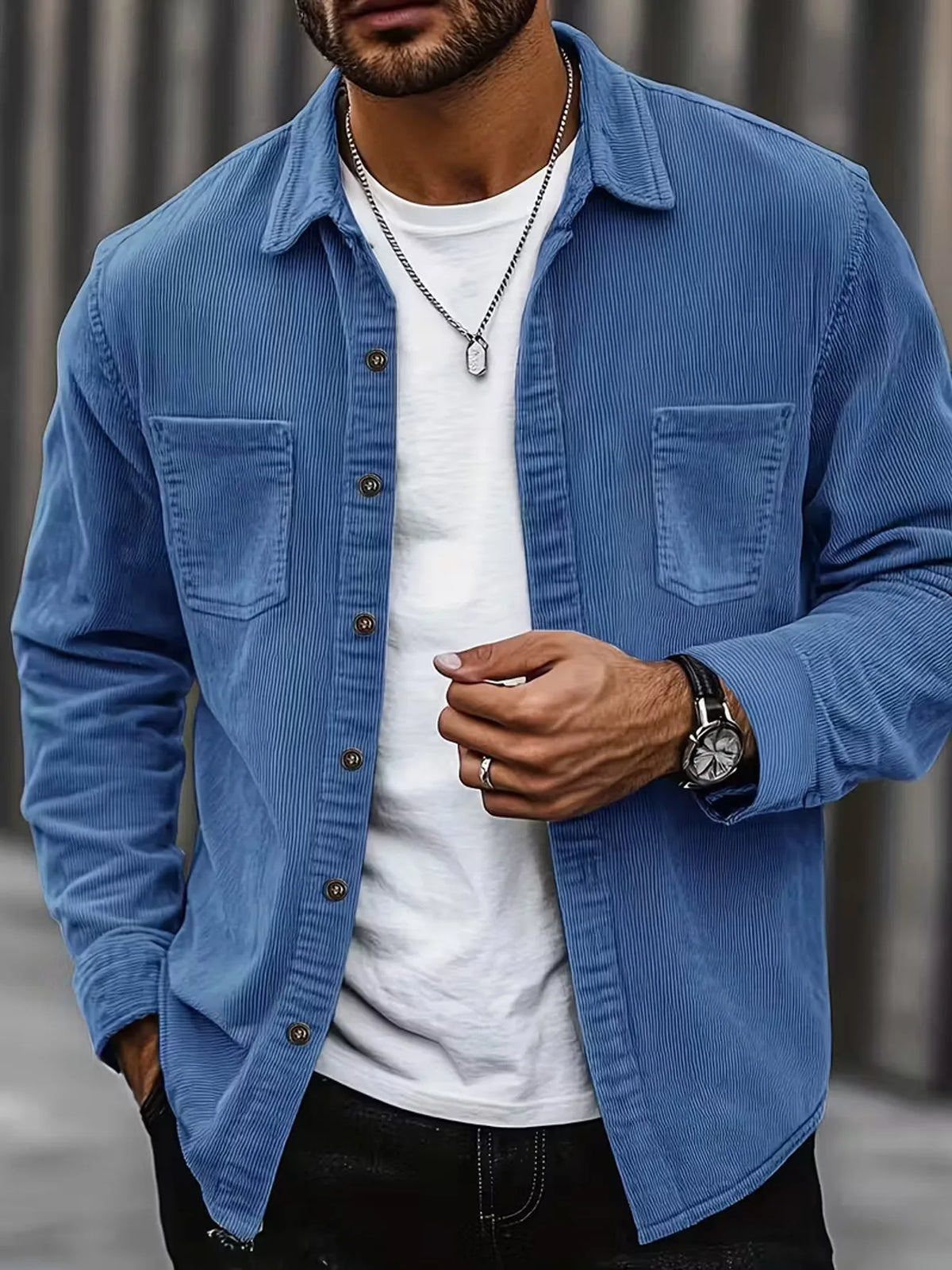 Camisa lisa de hombre de manga larga con botones