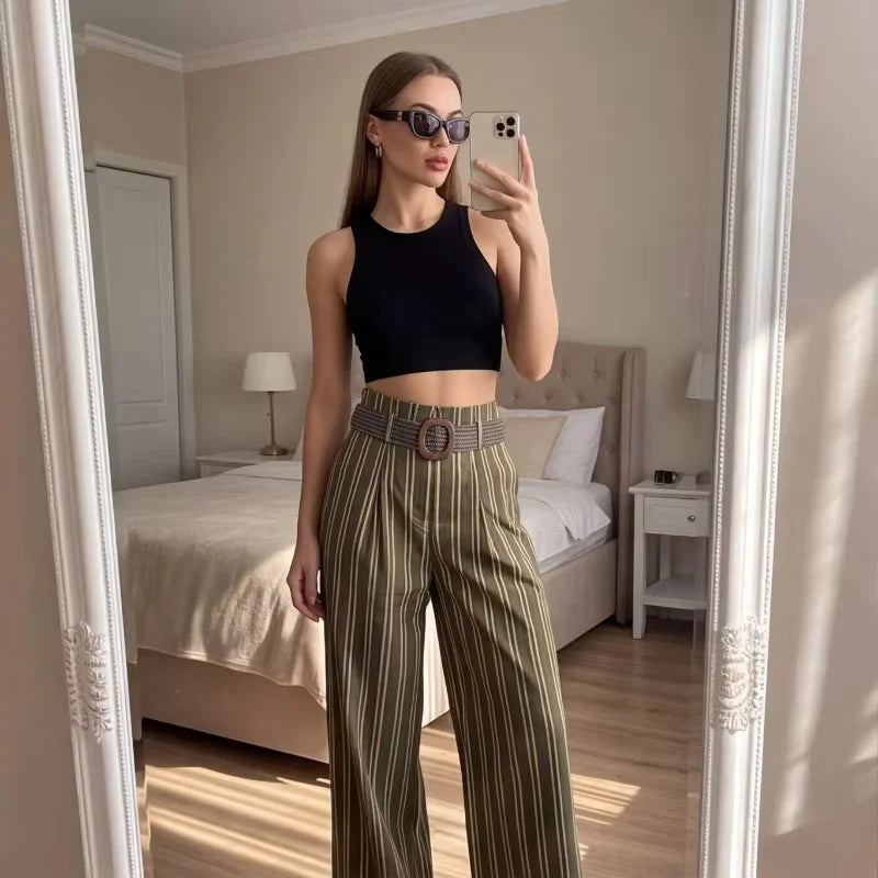 Pantalón ancho de rayas de mujer de cintura alta