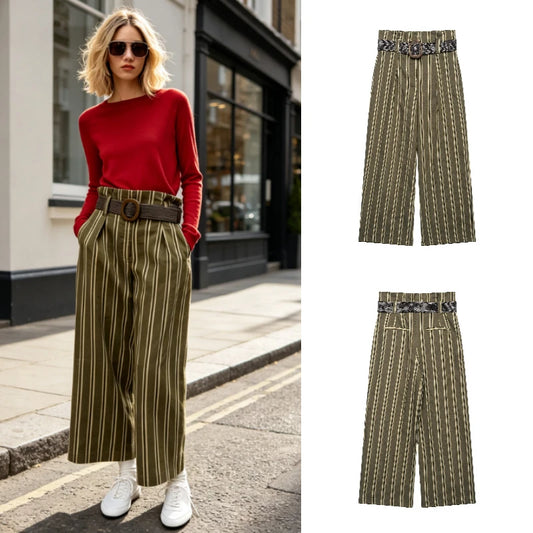 Pantalón ancho de rayas de mujer de cintura alta