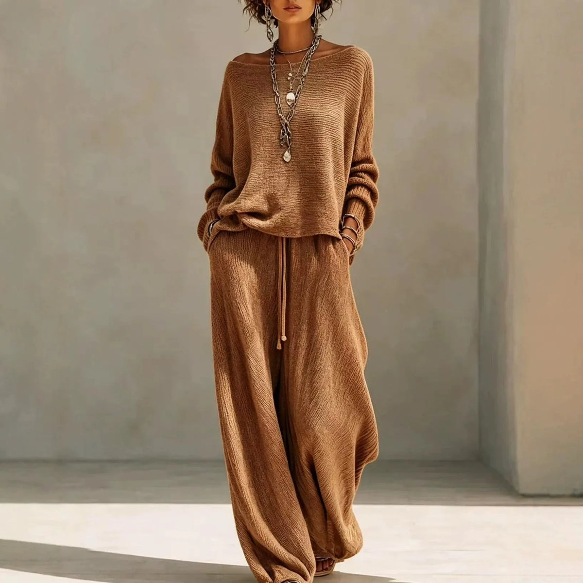 Conjunto de punto de mujer con top y pantalón ancho