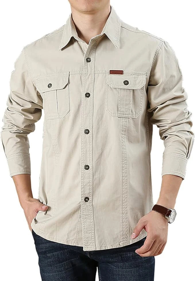 Camisa cargo de algodón para hombre con bolsillos