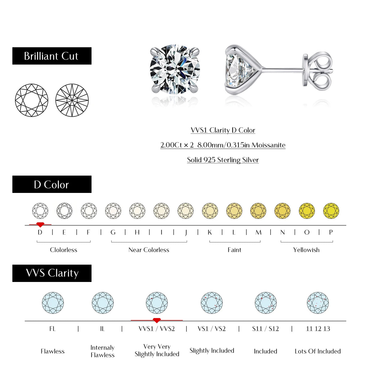 Pendientes de Moissanite MODIAN - Plata de Ley 925, Color D