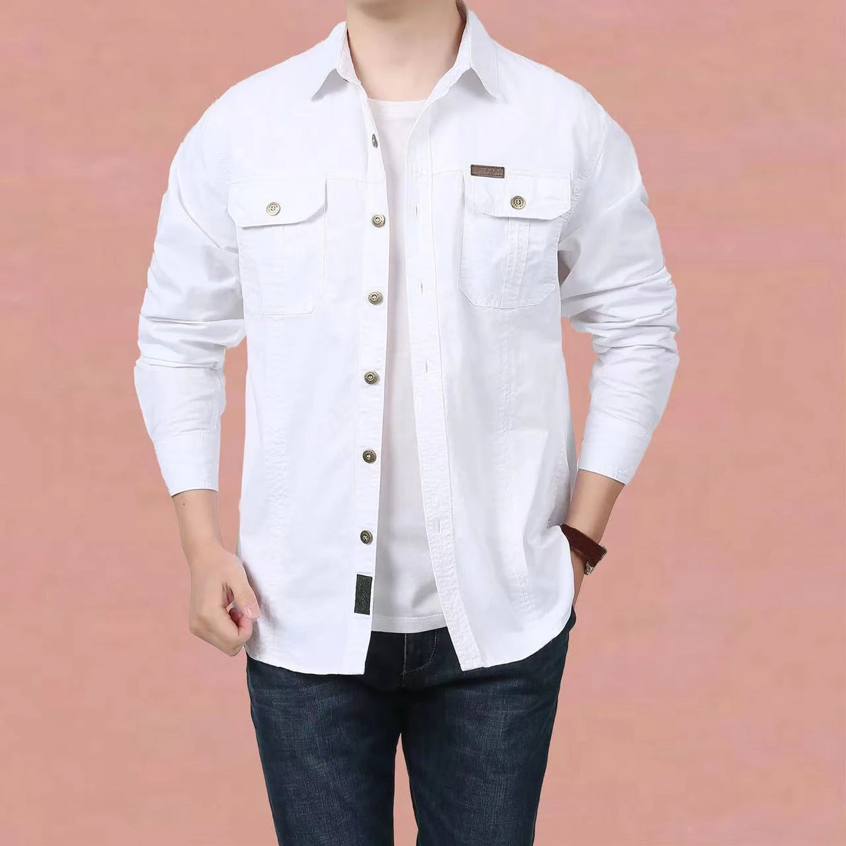 Camisa cargo de algodón para hombre con bolsillos