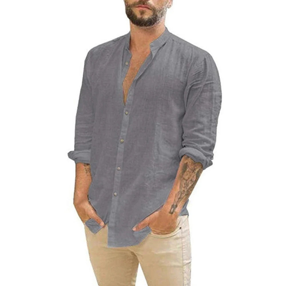 Camisa de algodón y lino de hombre con cuello mao