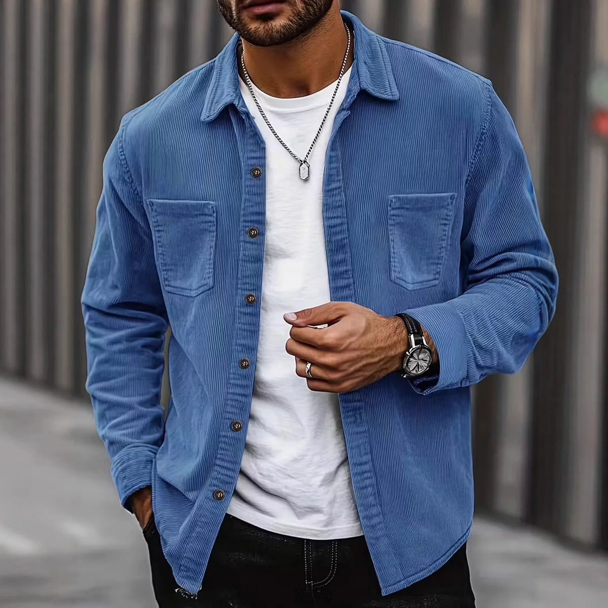 Camisa lisa de hombre de manga larga con botones