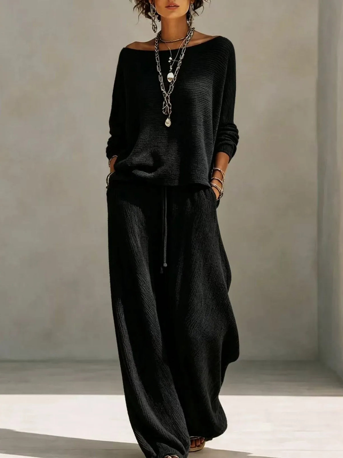 Conjunto de punto de mujer con top y pantalón ancho