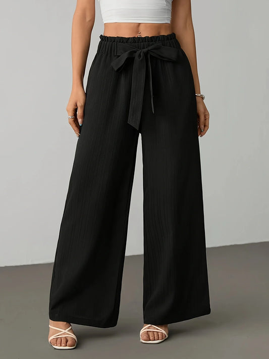 Pantalón ancho de mujer con cintura fruncida y lazo