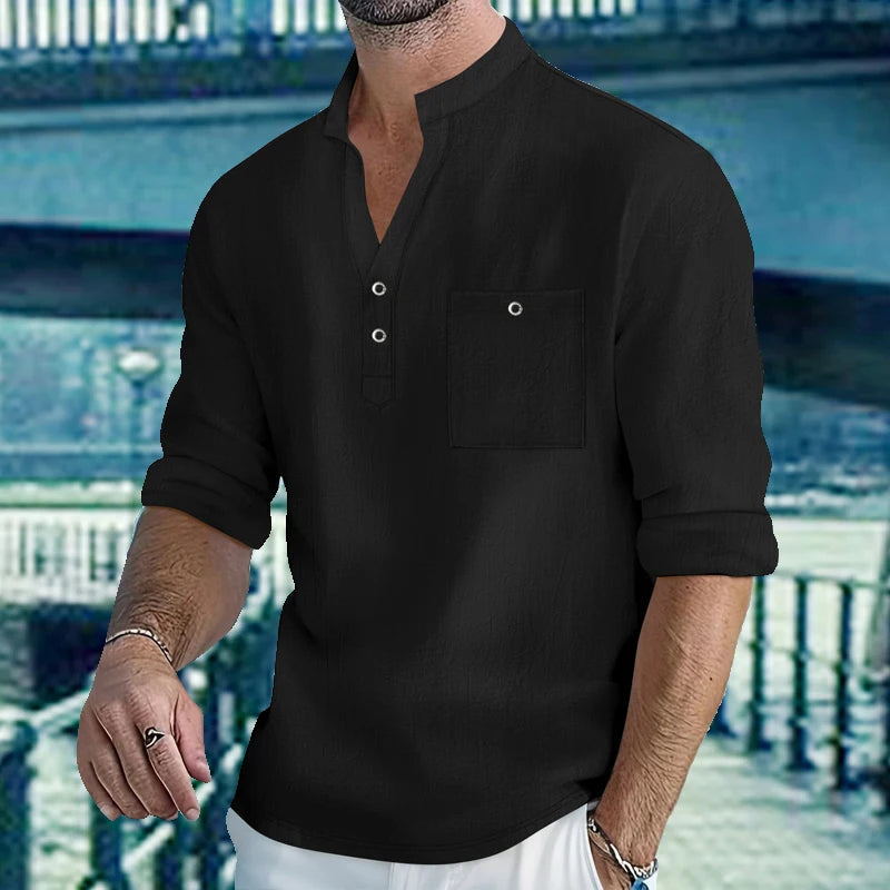 Camisa de algodón y lino de hombre con cuello mao y bolsillo