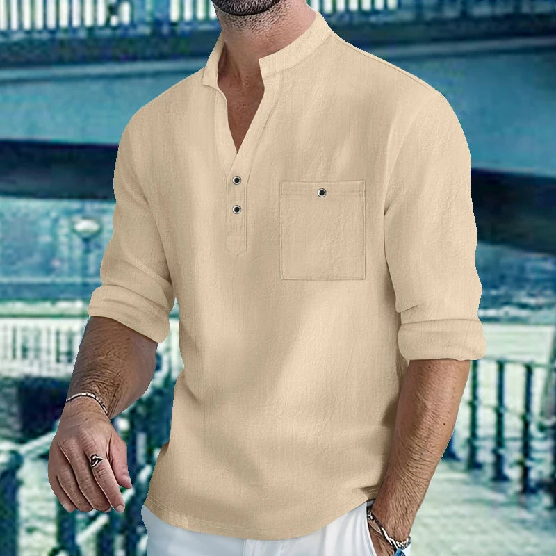 Camisa de algodón y lino de hombre con cuello mao y bolsillo