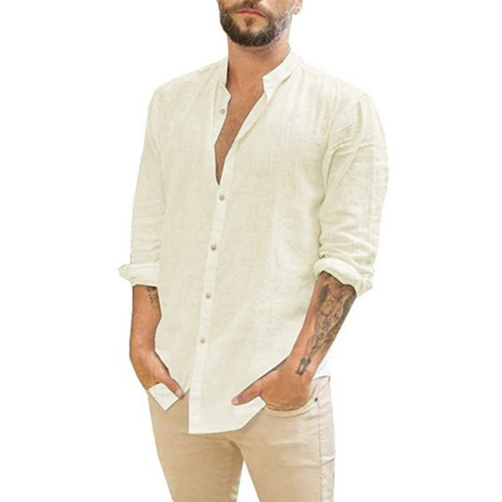 Camisa de algodón y lino de hombre con cuello mao