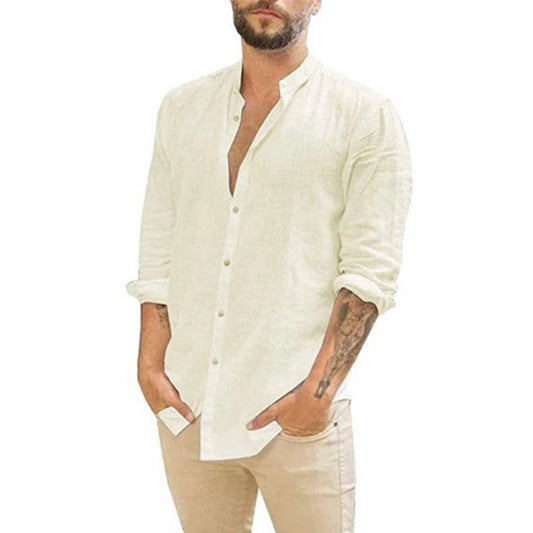 Camisa de algodón y lino de hombre con cuello mao
