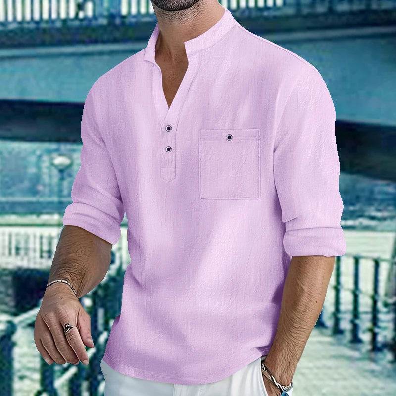 Camisa de algodón y lino de hombre con cuello mao y bolsillo
